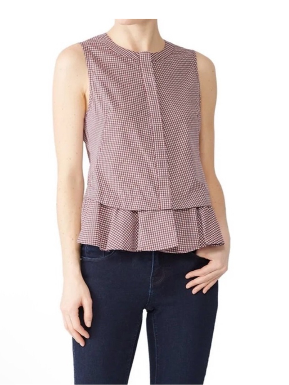 DEREK LAM Denim Red And White Sleeveless Gingham Button Down Peplum Blouse M